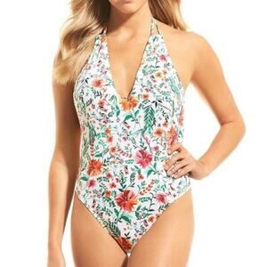 CREMIEUX Green Leaf & Orange Pink Floral One Piece Swimming Suit - Medium